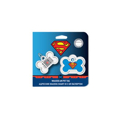 Адресник для собак и котов металлический WAUDOG Smart ID c QR паспортом, рисунок "Супермен-герой", кость, Д 40 мм, Ш 28 мм