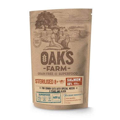 Oak's Farm (Оакс Фарм) Grain Free Salmon Sterilised 8+ Cat - Сухой беззерновой корм с лососем для стерилизованных, пожилых кошек от 8 лет 400 г