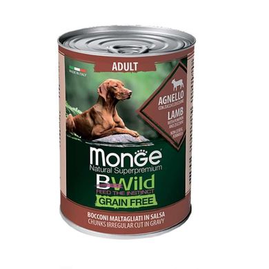 Monge (Монж) BWild Grain Free Wet Lamb Adult - Консервований корм з ягняти, з гарбузом та кабачками для собак різних порід (шматочки в соусі) 400 г