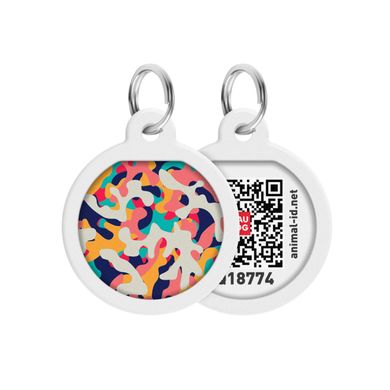 Адресник для собак и котов металлический WAUDOG Smart ID c QR паспортом, рисунок "Камо разноцветный", круг, Д 25 мм