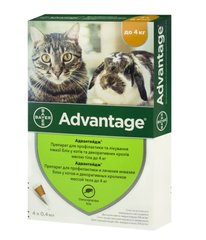 Advantage (Адвантейдж) by Bayer Animal - Протипаразитарні краплі Адвантейдж від бліх для котів і кролів (1 піпетка) до 4 кг