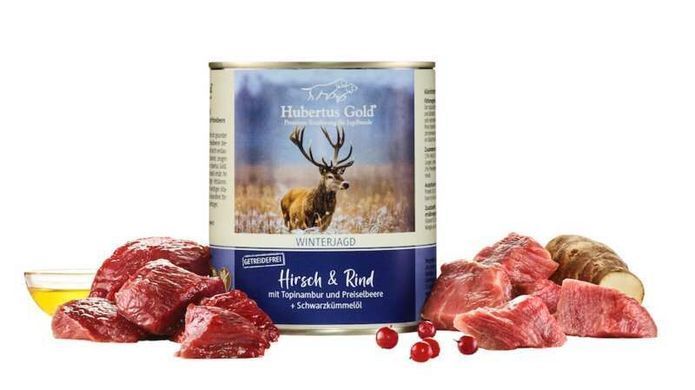 Hubertus Gold (Хубертус Голд) Hirsch&Rind mit Topinambur und Preiselbeere - Консервированный корм Оленина и говядина с топинамбуром и красными ягодами для собак, 800 г