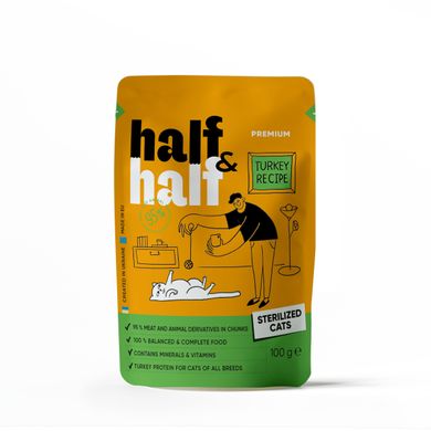 Half&Half (Хаф энд Хаф) влажный корм для стерилизованных кошек, кусочки с индейкой в желе в форме пауча, 100 г