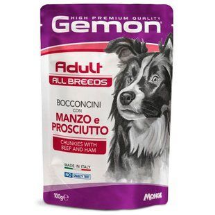Gemon (Джемон) Dog Adult Chunkies with Beef and Ham - Влажный корм с говядиной и ветчиной для взрослых собак всех пород (кусочки в желе) 100 г
