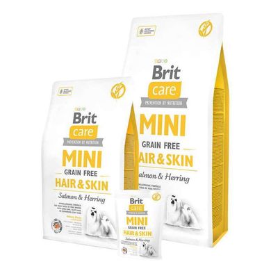 Brit Care (Брит Кеа) Mini Grain Free Hair & Skin - Сухой беззерновой корм с лососем и сельдью для взрослых длинношерстных собак миниатюрных пород 400 г