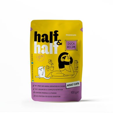 Half&Half (Хаф энд Хаф) влажный корм для взрослых кошек, кусочки с уткой в соусе в форме пауча, 100 г