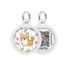 Адресник для собак и котов металлический WAUDOG Smart ID c QR паспортом, рисунок "Корги", круг, Д 25 мм