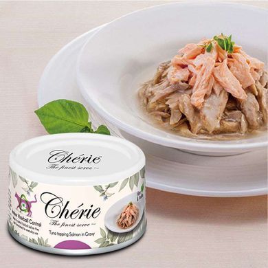 Cherie (Шері) Hairball Control Tuna topping Salmon in Gravy - Вологий корм з тунцем та лососем для контролю утворення грудочок шерсті для дорослих котів (шматочки в соусі) 80 г