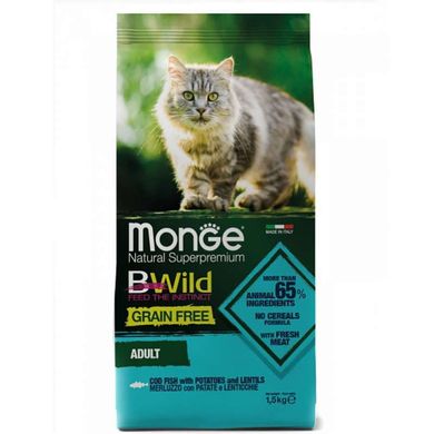 Monge (Монж) BWild Grain Free Cod Fish Adult Cat - Сухой беззерновой корм из трески, картофеля и чечевицы для взрослых кошек 1,5 кг