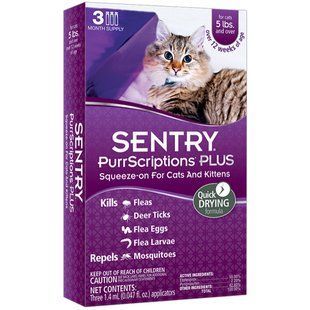 Sentry (Сентри) PurrScriptions Plus - Противопаразитарные капли для кошек весом от 2,2 кг от блох, клещей, гельминтов, 1 пипетка 1 пипетка