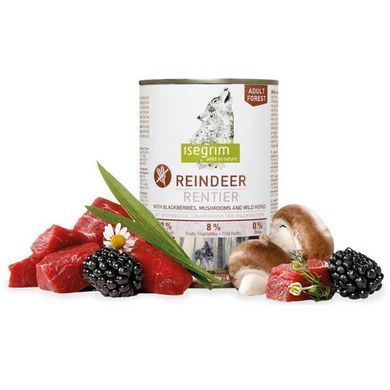 Isegrim (Изегрим) Reindeer pure with Blackberries, Champignons & Herbs - Консервированный корм с олениной, ежевикой и грибами для взрослых собак, 800 г