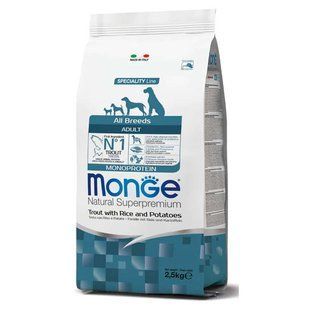 Monge (Монж) Monoprotein All Breeds Adult Trout with Rice and Potatoes &ndash; Сухой монопротеиновый корм с форелью, рисом и картофелем для взрослых собак различных пород 2,5 кг