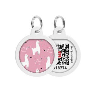Адресник для собак и котов металлический WAUDOG Smart ID c QR паспортом, рисунок "Ламы", круг, Д 25 мм