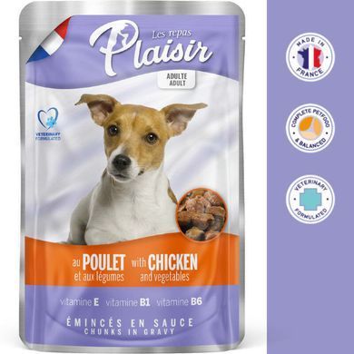 Plaisir (Плезир) Adult Dog Chicken&Vegetables Chunks In Gravy - Полнорационный влажный корм с курицей и овощами для взрослых собак (кусочки в соусе), 22х100 г (box)