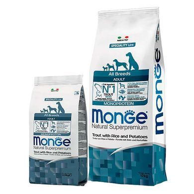 Monge (Монж) Monoprotein All Breeds Adult Trout with Rice and Potatoes &ndash; Сухой монопротеиновый корм с форелью, рисом и картофелем для взрослых собак различных пород 2,5 кг