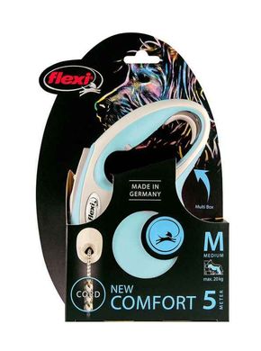Flexi (Флекси) New Comfort М - Поводок-рулетка для собак средних пород, трос (5 м, до 20 кг) M Голубой / Серый