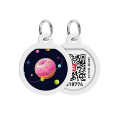 Адресник для собак и котов металлический WAUDOG Smart ID c QR паспортом, рисунок "Вселенная пончиков", круг, Д 25 мм