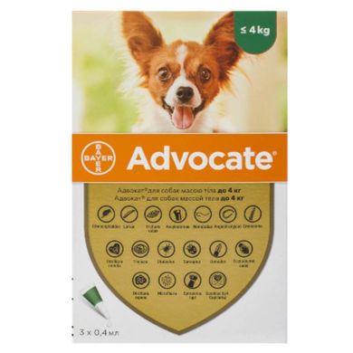 Advocate (Адвокат) by Bayer Animal - Протипаразитарні краплі для собак від бліх, вошей, кліщів, гельмінтів (1 піпетка) менее 4 кг