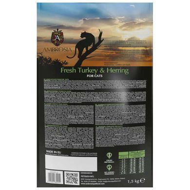 Ambrosia (Амброзия) Grain Free Sterilized Cat Fresh Turkey & Herring - Сухой беззерновой корм со свежей индейкой и сельдью для стерилизованных кошек, 1,5 кг