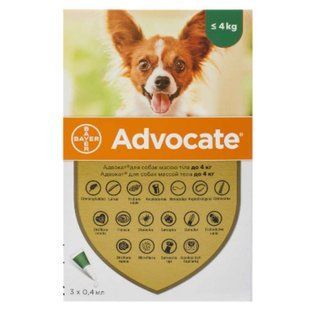 Advocate (Адвокат) by Bayer Animal - Противопаразитарные капли для собак от блох, вшей, клещей, гельминтов (1 пипетка) менее 4 кг