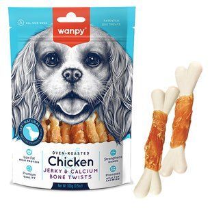 Wanpy (Ванпи) chicken jerky & calcium bone twists - лакомство кость с вяленой курицей и кальцием для собак, 100 г