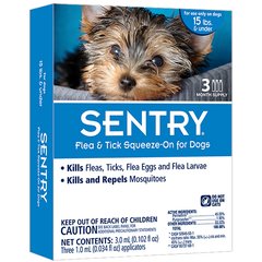 Sentry (Сентрі) Flea & Tick Squeeze-On for Dogs - Протипаразитарні краплі Сентрі від бліх, кліщів і комарів для собак, 1 піпетка менее 7 кг