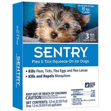 Sentry (Сентрі) Flea & Tick Squeeze-On for Dogs - Протипаразитарні краплі Сентрі від бліх, кліщів і комарів для собак, 1 піпетка менее 7 кг