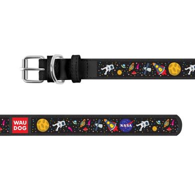 Collar (Коллар) WAUDOG Design - Ошейник кожаный для собак с рисунком "NASA" и QR паспортом 1,2х21-29см Черный